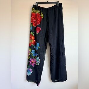 Vintage Rene Derhy Black Floral Sequin Embroidered Rayon Pants XL Extra Large